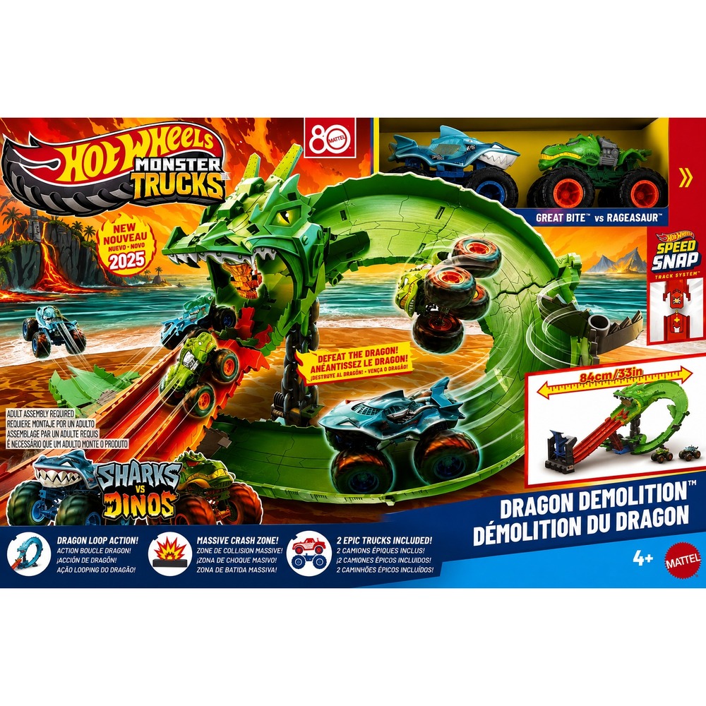 HOT WHEELS MONSTER TRUCKS/DRAGON DEMOLITION SHARKS VS DINOS PLAYSET/MSHWSD082026